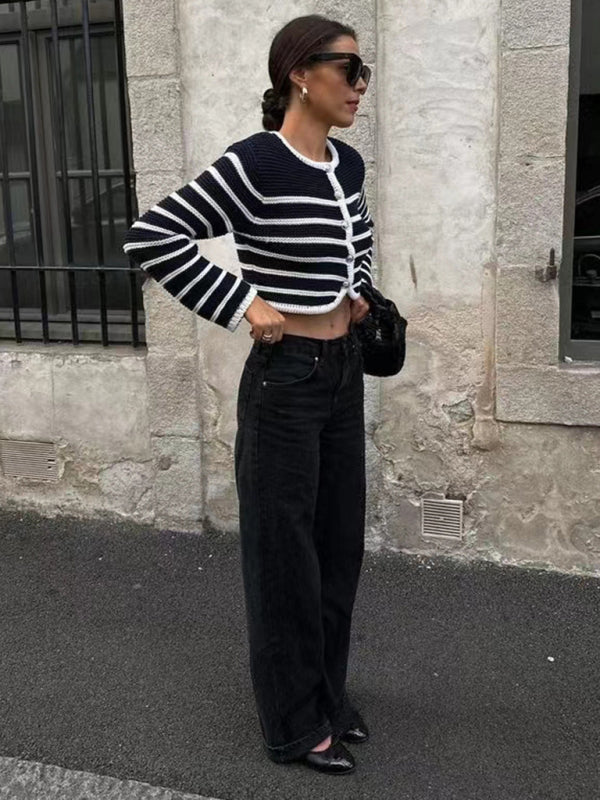 Black Round neck striped buttoned sweater