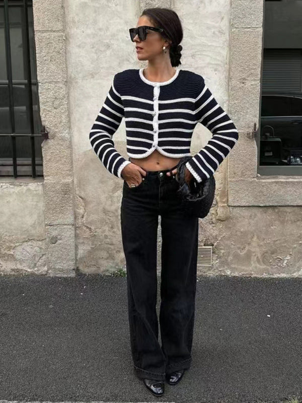 Black Round neck striped buttoned sweater