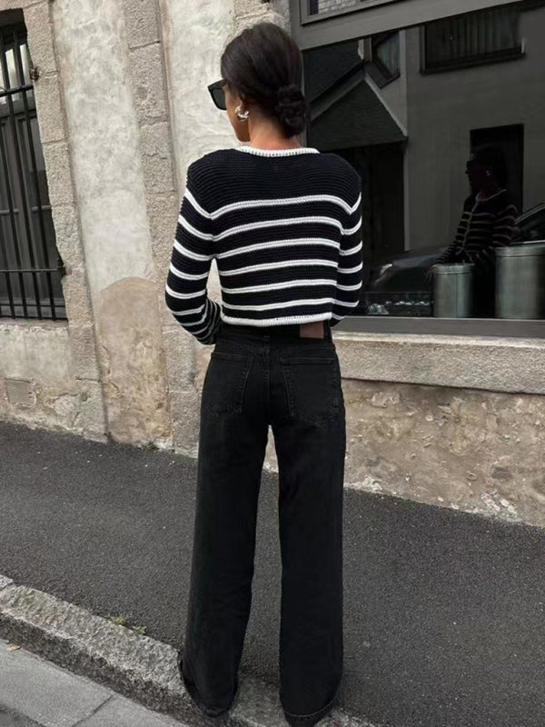 Black Round neck striped buttoned sweater