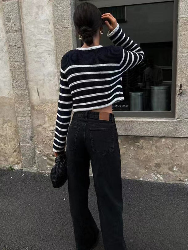 Black Round neck striped buttoned sweater