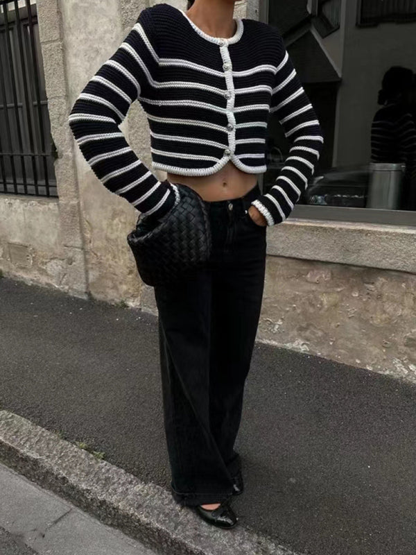 Black Round neck striped buttoned sweater