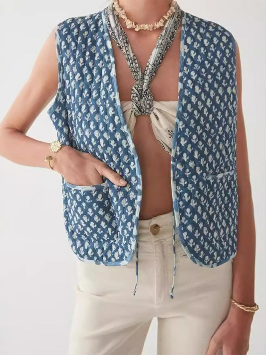 Blue Reversible Printed Lace-Up Cotton Vest